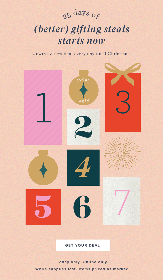A promotional graphic for a 25-day countdown to Christmas featuring numbered gift tags. The numbers 1 through 7 are displayed on various colored backgrounds, with some gift tags decorated with bows or icons. The text at the top reads, '25 days of (be