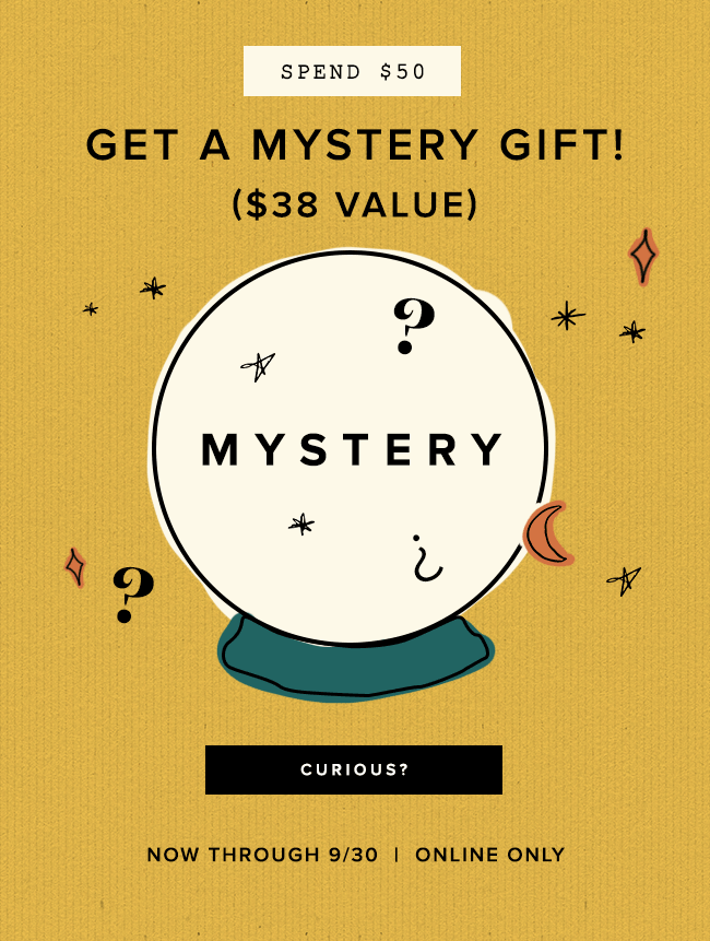 Promotional graphic advertising a mystery gift available online only through September 30, with a value of $38, encouraging curiosity.
