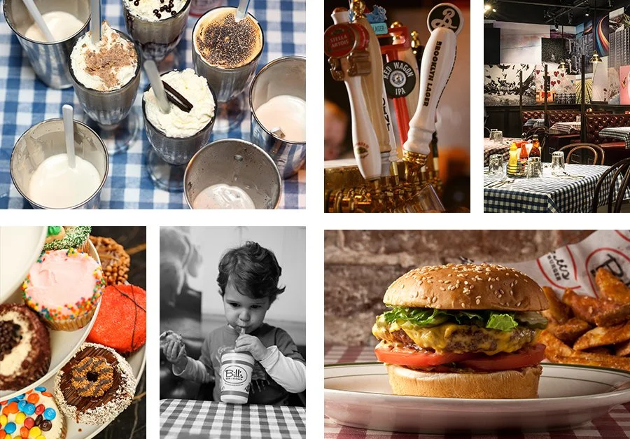 A collage of images including several milkshakes or ice creams in metal cups, beer tap handles in a bar, a restaurant with checkered tablecloths, a plate of assorted colorful cupcakes, a young boy drinking from a cup, and a cheeseburger with French f
