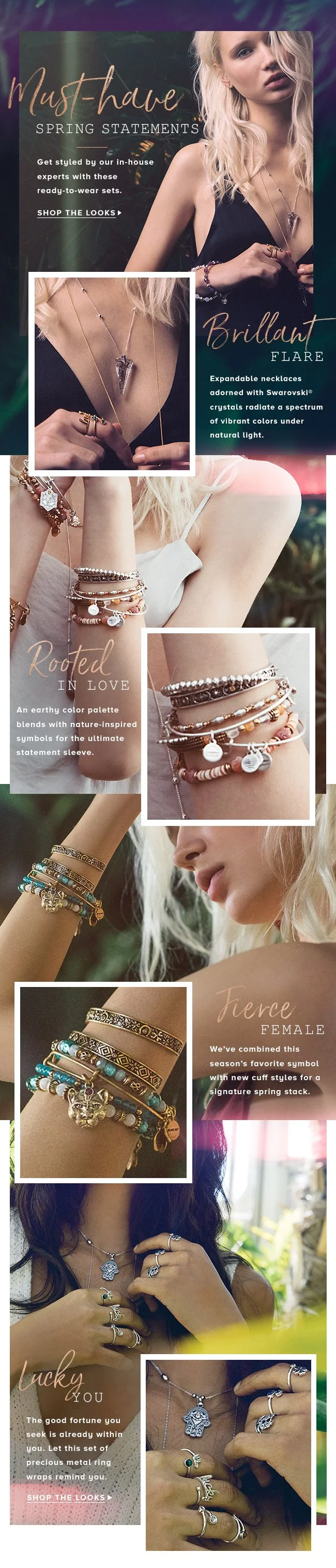 Advertisement for spring jewelry featuring various necklaces and bracelets styled with different outfits. The ad highlights four themes: Brilliant Flare with Swarovski crystals, Rooted in Love with nature-inspired symbols, Fierce Female with bold cuf