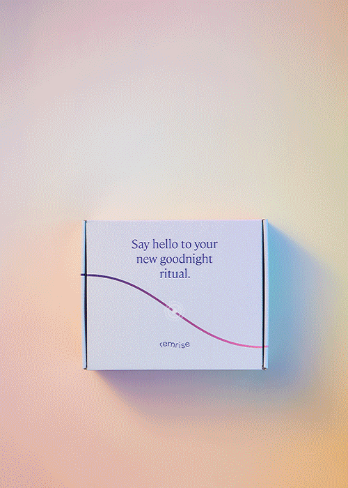 Packaging box with text: 'Say hello to your new goodnight ritual' and the brand name 'emrise' on a pastel-colored background.