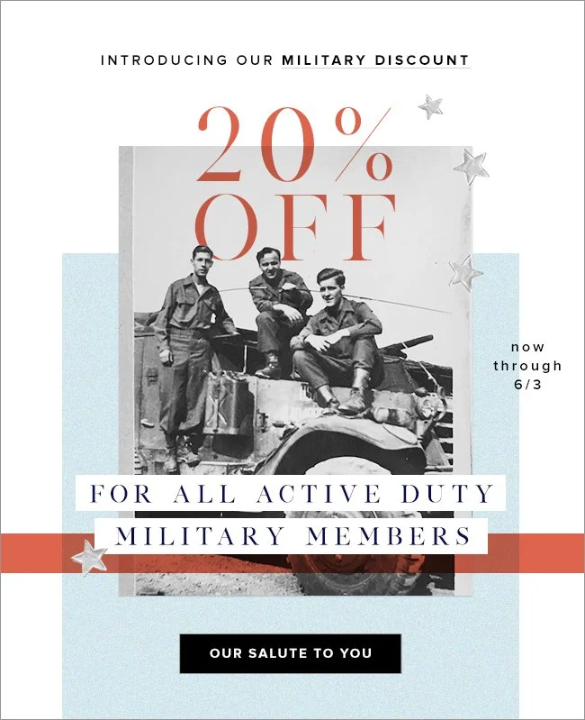 Promotional flyer offering 20% military discount for active duty military members, valid through June 3, featuring a black-and-white photo of three soldiers sitting on a military vehicle, with patriotic star graphics and call-to-action button reading