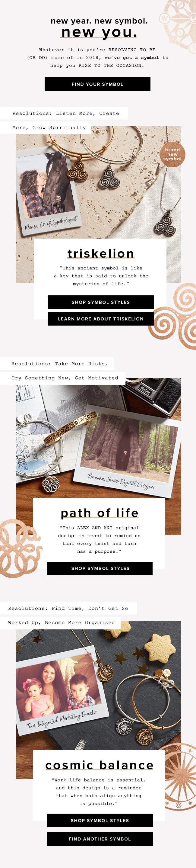An advertisement promoting jewelry and accessories featuring the new symbol 'Triskelion' and other symbols for different resolutions and life philosophies with images of jewelry, photographs, and decorative elements.