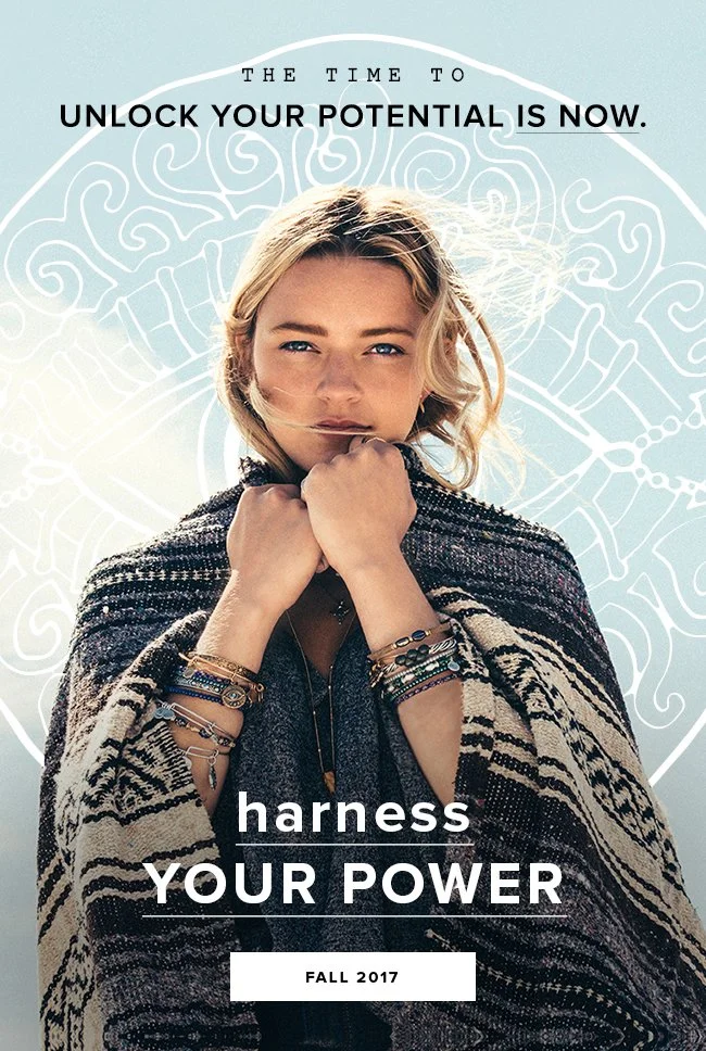 A woman with blonde hair wearing a patterned shawl and multiple bracelets is looking directly at the camera with a confident expression, her hands near her chin. The background features abstract line art. Text at the top reads, 'The time to unlock yo