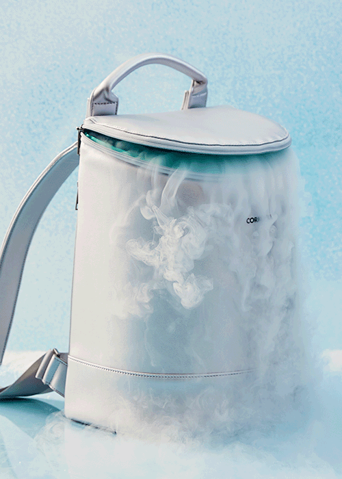 A white backpack with steam rising from its open top against a blue background.