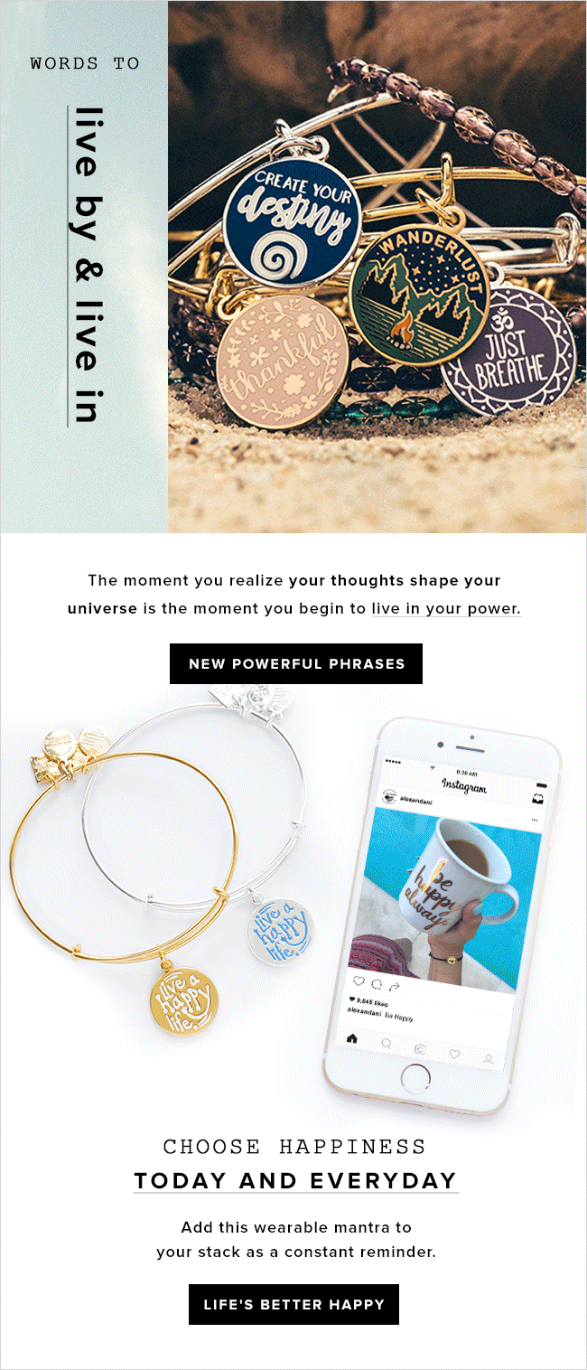 Image displaying multiple inspirational wristbands with phrases like "Create Your Destiny," "Thankful," "Wanderlust," and "Just Breathe," along with a smartphone showcasing a similar wristband, emphasizing positive affirmations and happiness.