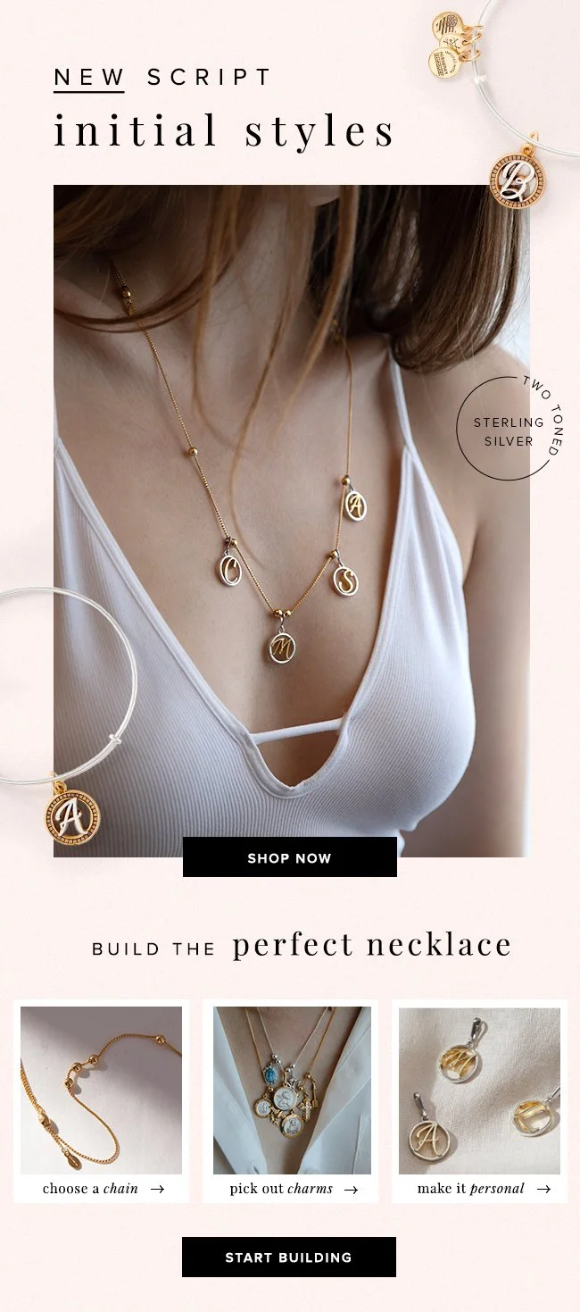 Advertisement for initial styles jewelry featuring a woman wearing layered gold necklaces with initial pendants, showcasing silver jewelry, along with jewelry pieces and options for customizing necklaces including chains, charms, and personalized ini