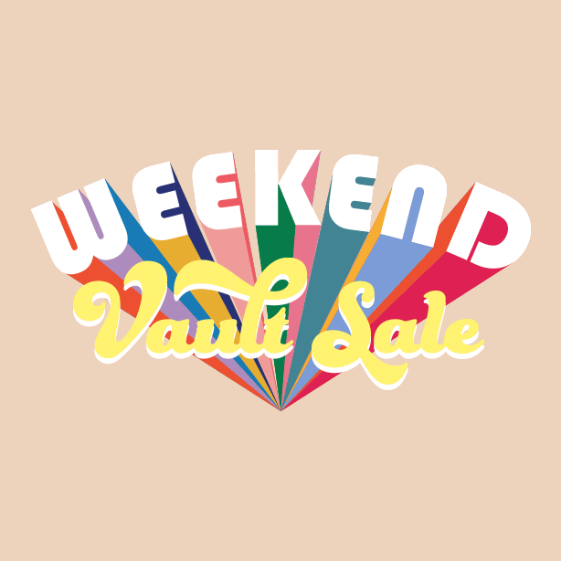 Colorful text reading "WEEKEND Vault Sale" with the words styled in different colors and fonts on a beige background.
