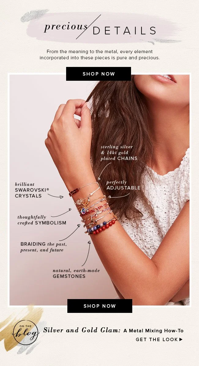 A woman wearing multiple bracelets on her wrist, featuring sterling silver and 14k gold plated chains, Swarovski crystals, natural gemstones, and symbolic braided designs. The image promotes jewelry with a focus on craftsmanship and elegance, with ca