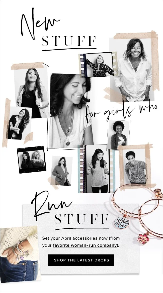 A collage of black and white photos of women modeling jewelry and clothing, with text promoting new accessories from a woman-run company for spring.