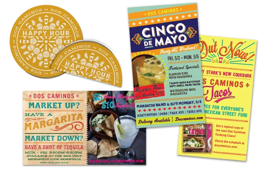 An assortment of promotional flyers and stickers for Dos Caminos, a Mexican street food event and restaurant. The flyers feature colorful designs advertising Cinco de Mayo celebrations, taco and margarita specials, and a Mexican street food market. T