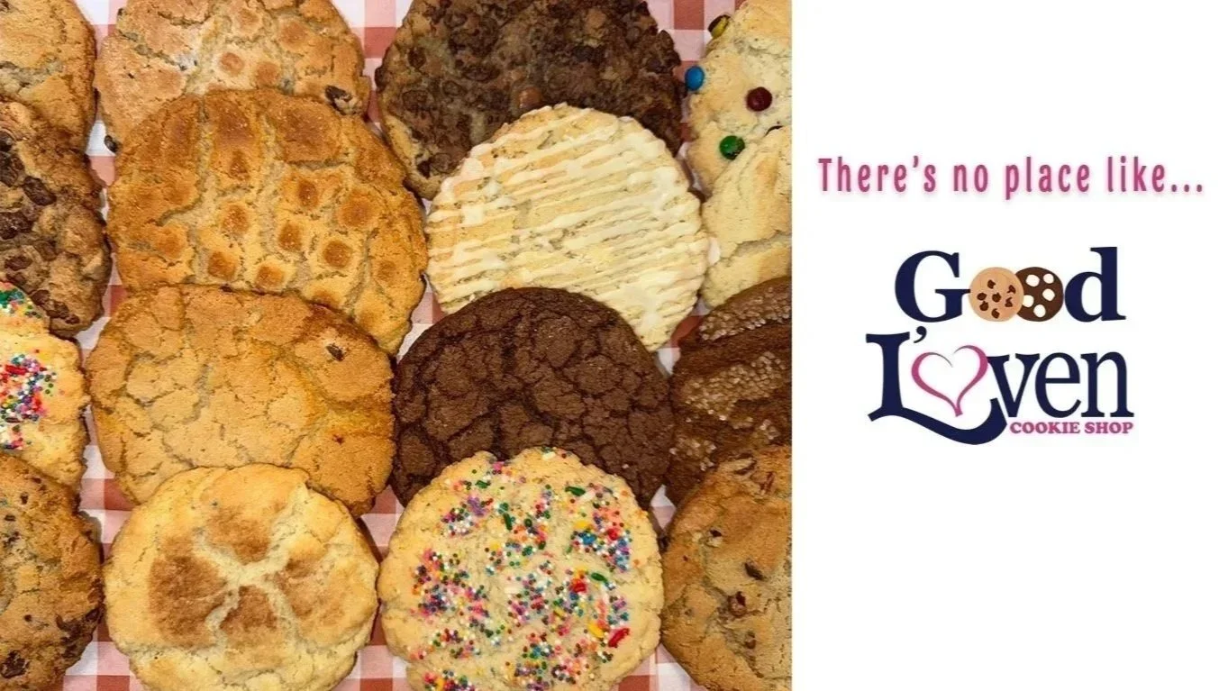 Various cookies including chocolate chip, oatmeal, sugar, and decorated cookies on a checkered background with text 'There's no place like... Good Loven COOKIE SHOP'.