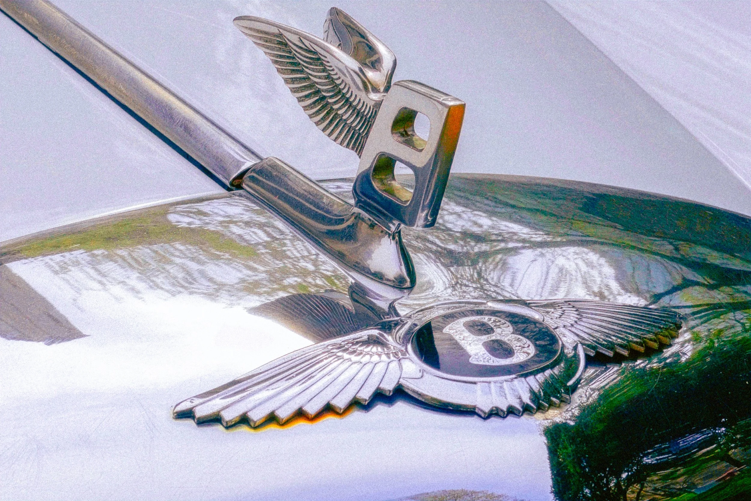 Close-up of a vintage chrome car emblem featuring a bird with outstretched wings and a stylized male bust at the bottom, mounted on the hood of a classic car.