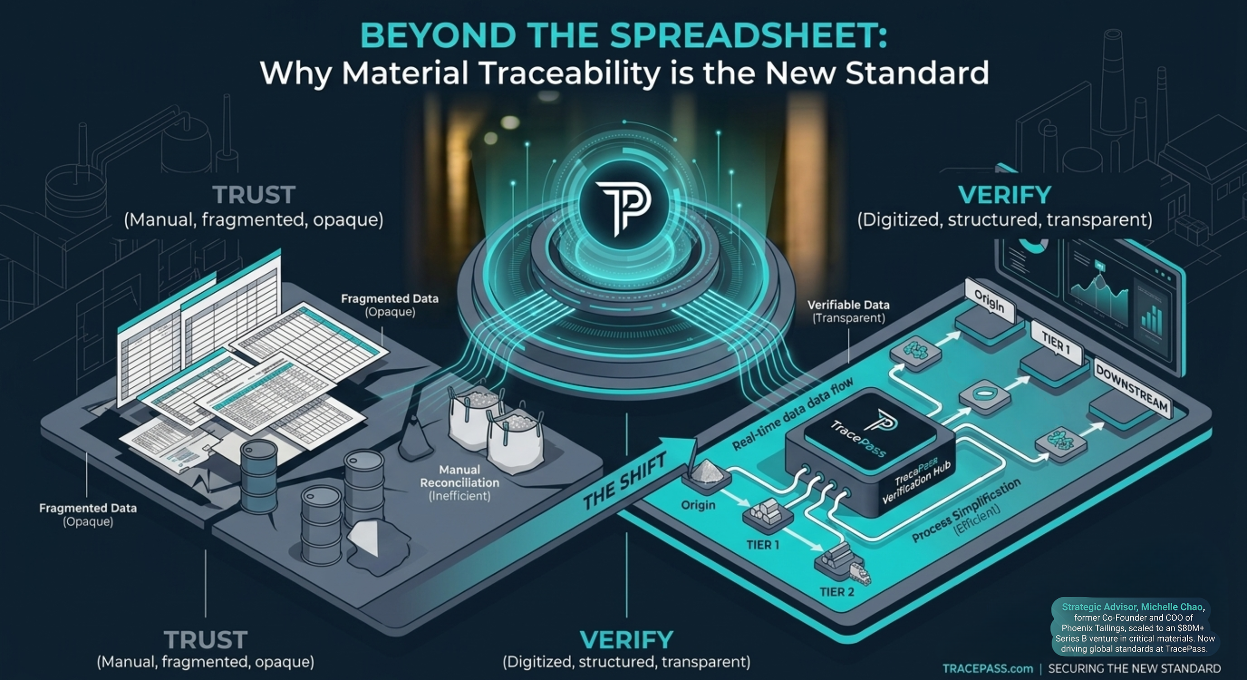Diagram showing transition from spreadsheet-based tracking to digital material traceability and verification systems
