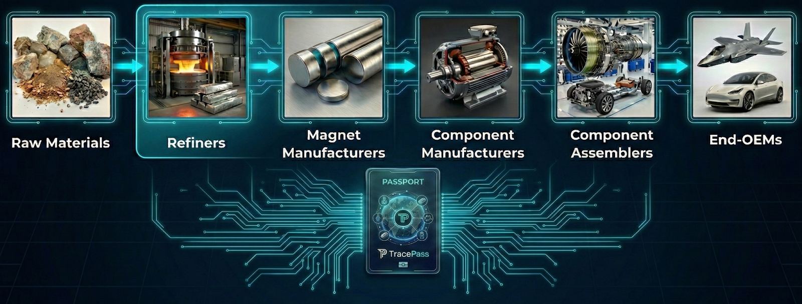 Flowchart illustrating the manufacturing process of electronic and automotive components, starting from raw materials, going through refineries, magnet and component manufacturing, assembly, and ending with finished end-OEM vehicles such as a jet, car, and skateboard, connected by digital circuitry.
