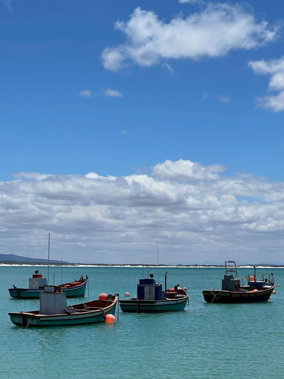 Four boats floating on turquoise water near a cloudy sky, with land and hills in the background.