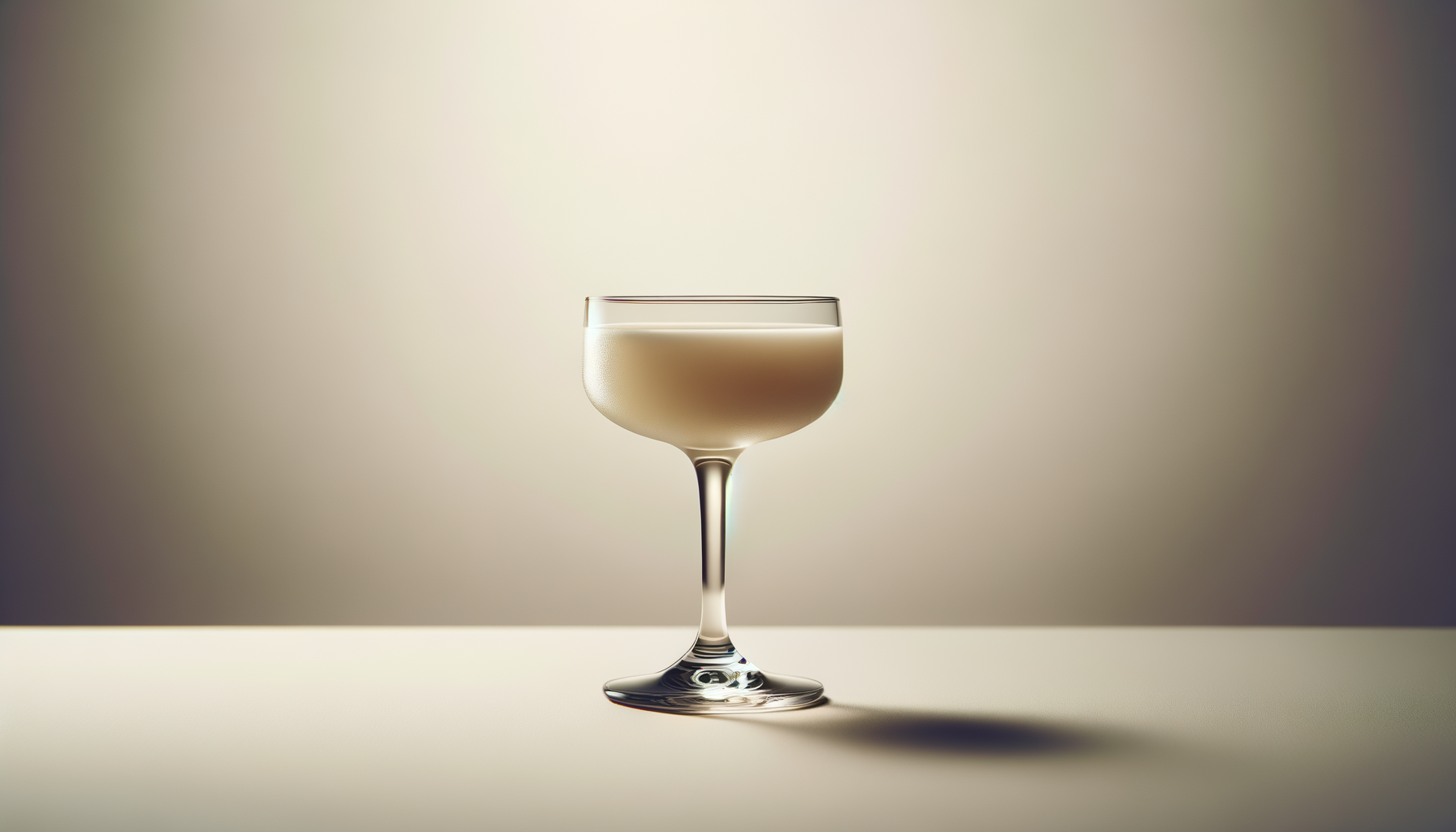 A vintage-style coupe glass filled with a creamy white beverage, placed on a flat surface with a soft light background.
