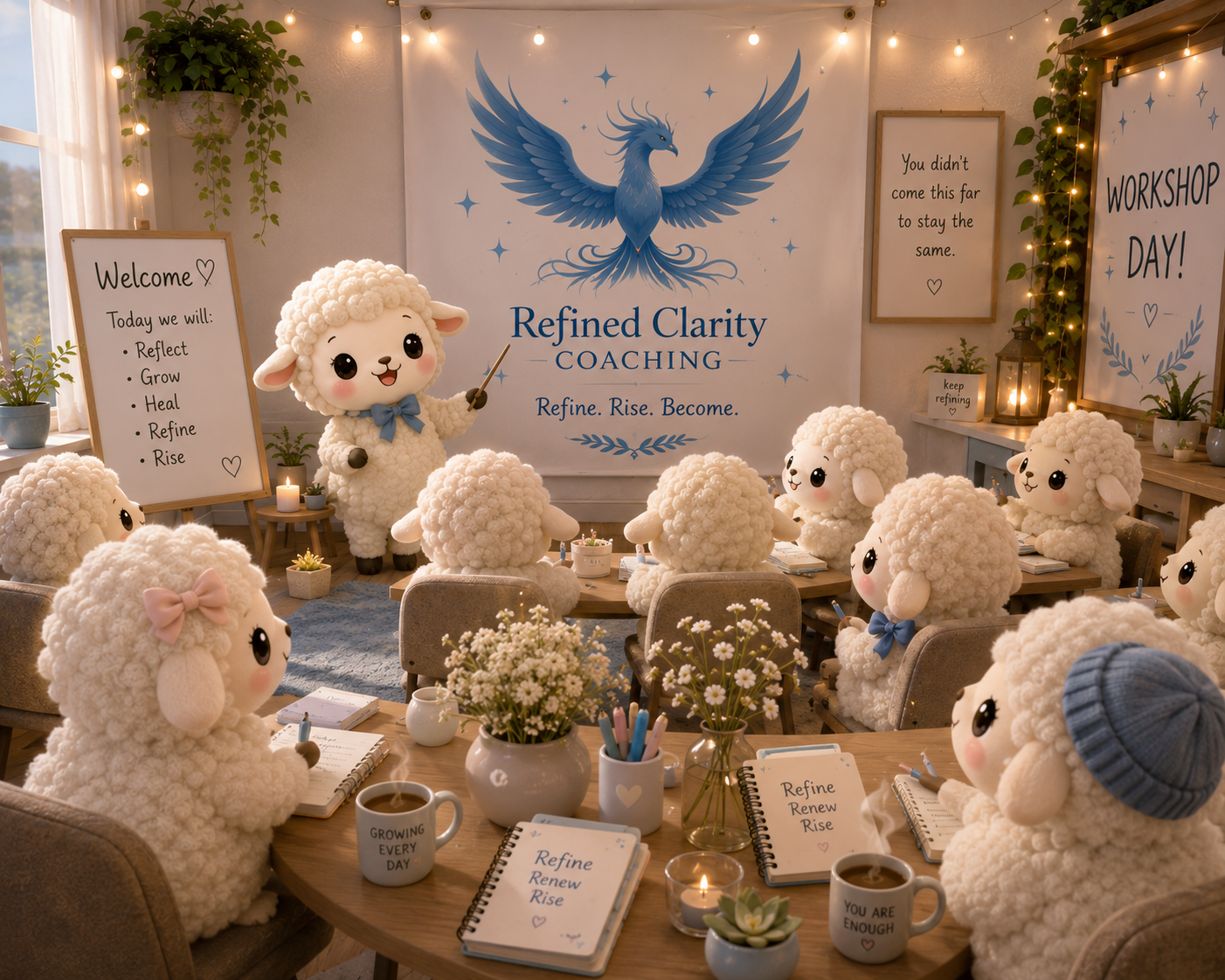 A group of plush sheep with big eyes and bows on their ears gathered in a cozy, well-lit room with fairy lights, attending a coaching or workshop session. A sheep instructor stands at the front with a pointer, leading the session in front of a large banner that reads 'Refined Clarity Coaching'. There are potted plants, candles, notebooks, pens, and motivational signs on the tables and walls, creating an inviting atmosphere for personal growth and reflection.