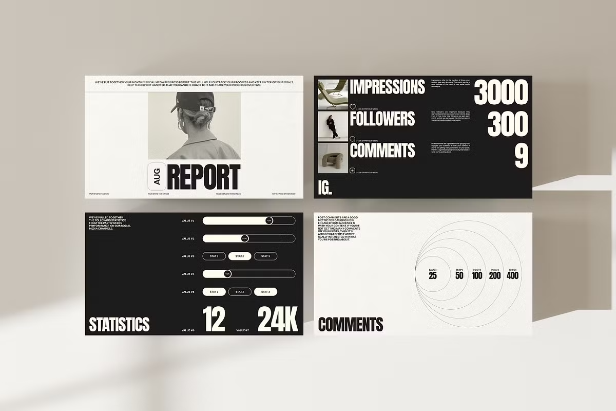 A collage of four black and white infographic panels showing a report. The top left features a monochrome photo of a person from behind, with the words "Aug Report". The top right lists social media stats: 3000 impressions, 300 followers, and 9 comme