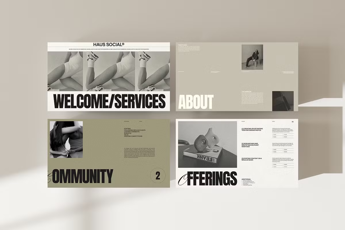 A collage of four pages from a magazine or brochure featuring black-and-white and muted color images and text related to social services, community, and offerings.