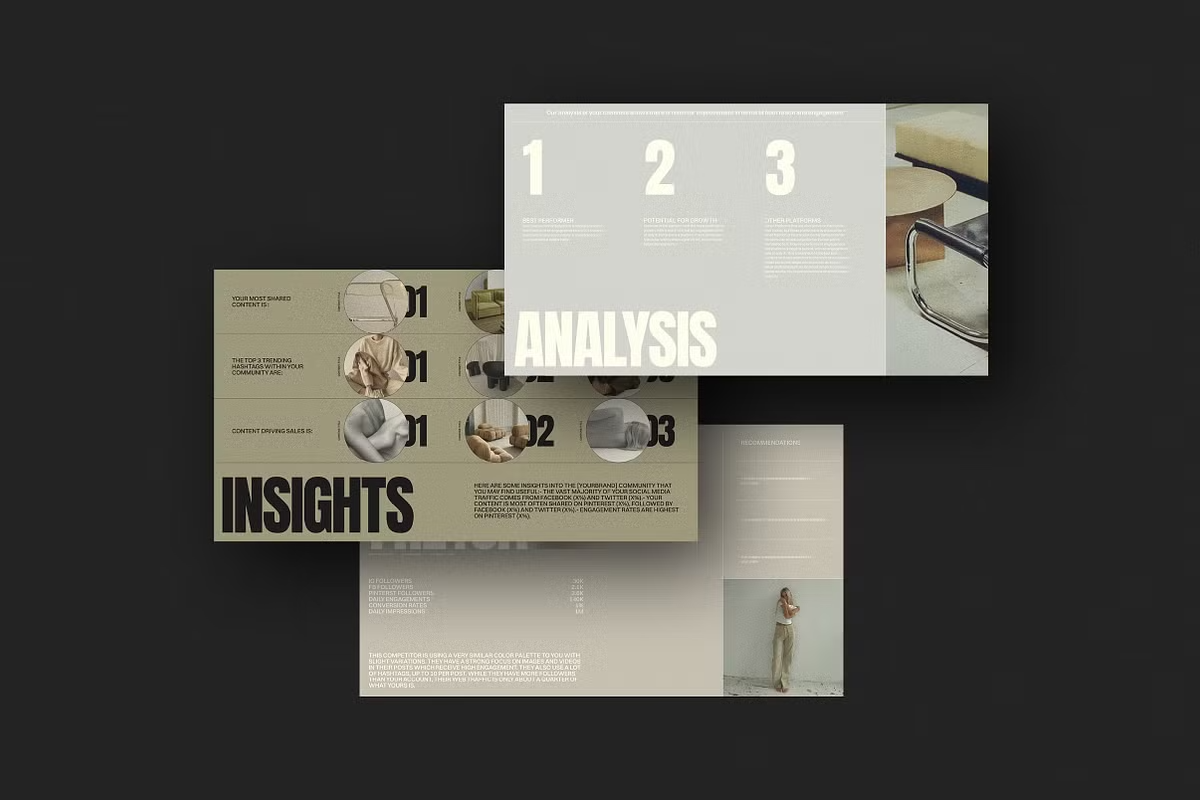Overlapping presentation slides with categories labeled 'Insights' and 'Analysis,' with images of people and text content.