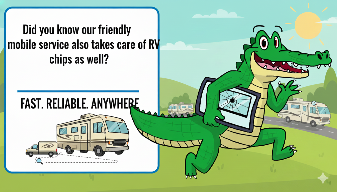Cartoon alligator holding a cracked tablet, with a background showing a sunny sky and RVs on the road, alongside advertising text about mobile service for RV chips.