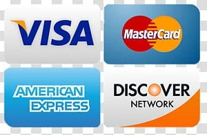 Icons of four credit card companies: Visa, MasterCard, American Express, and Discover Network.