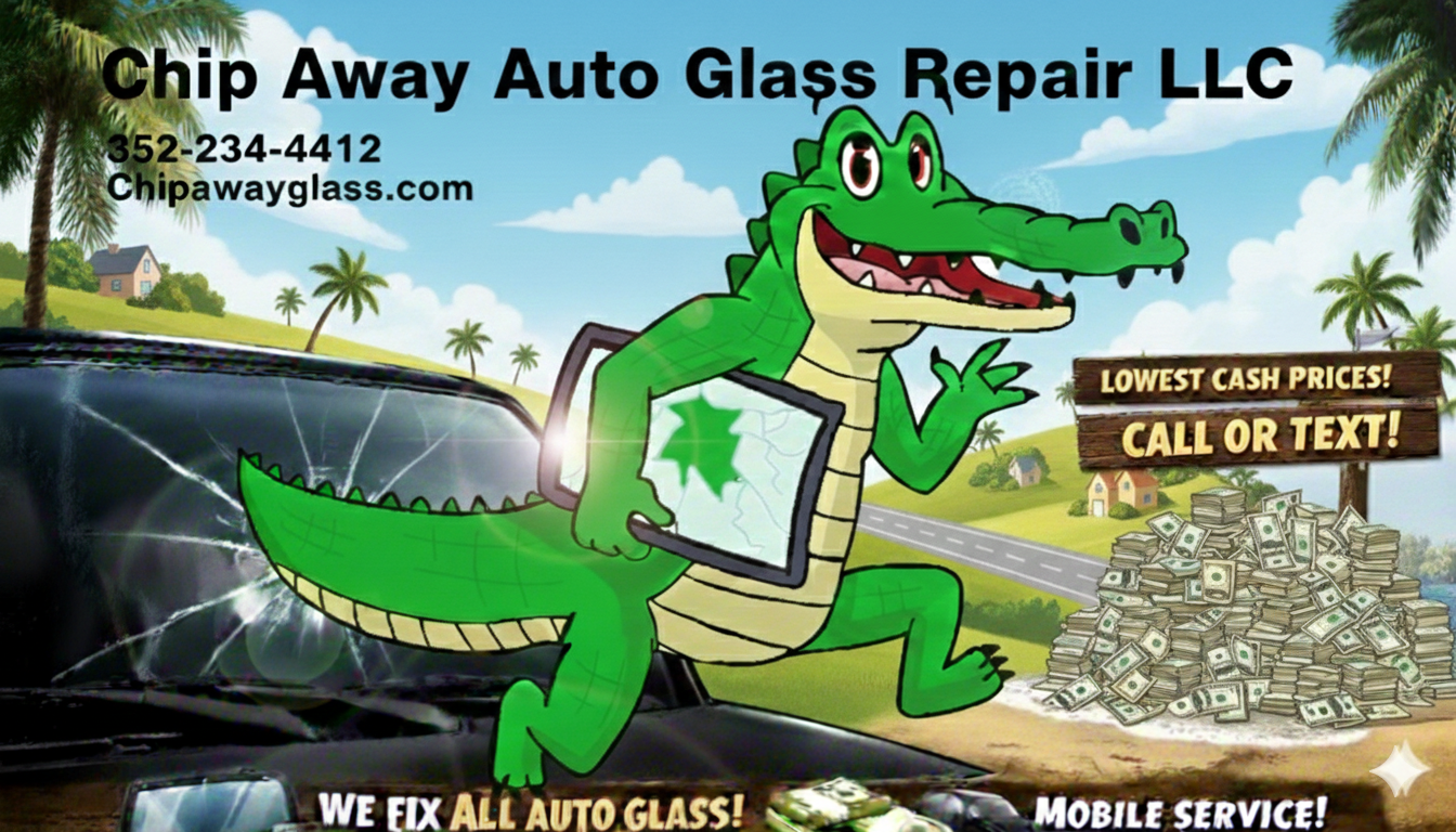 An illustration of a cartoon crocodile holding a cracked car window with a pile of money nearby, advertising Chip Away Auto Glass Repair LLC with contact information, promoting low prices and mobile service.