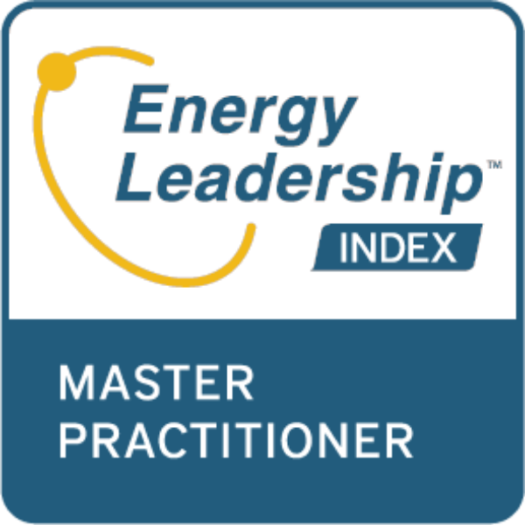 Energy Leadership Index Master Practitioner badge with a yellow abstract design and navy blue text.