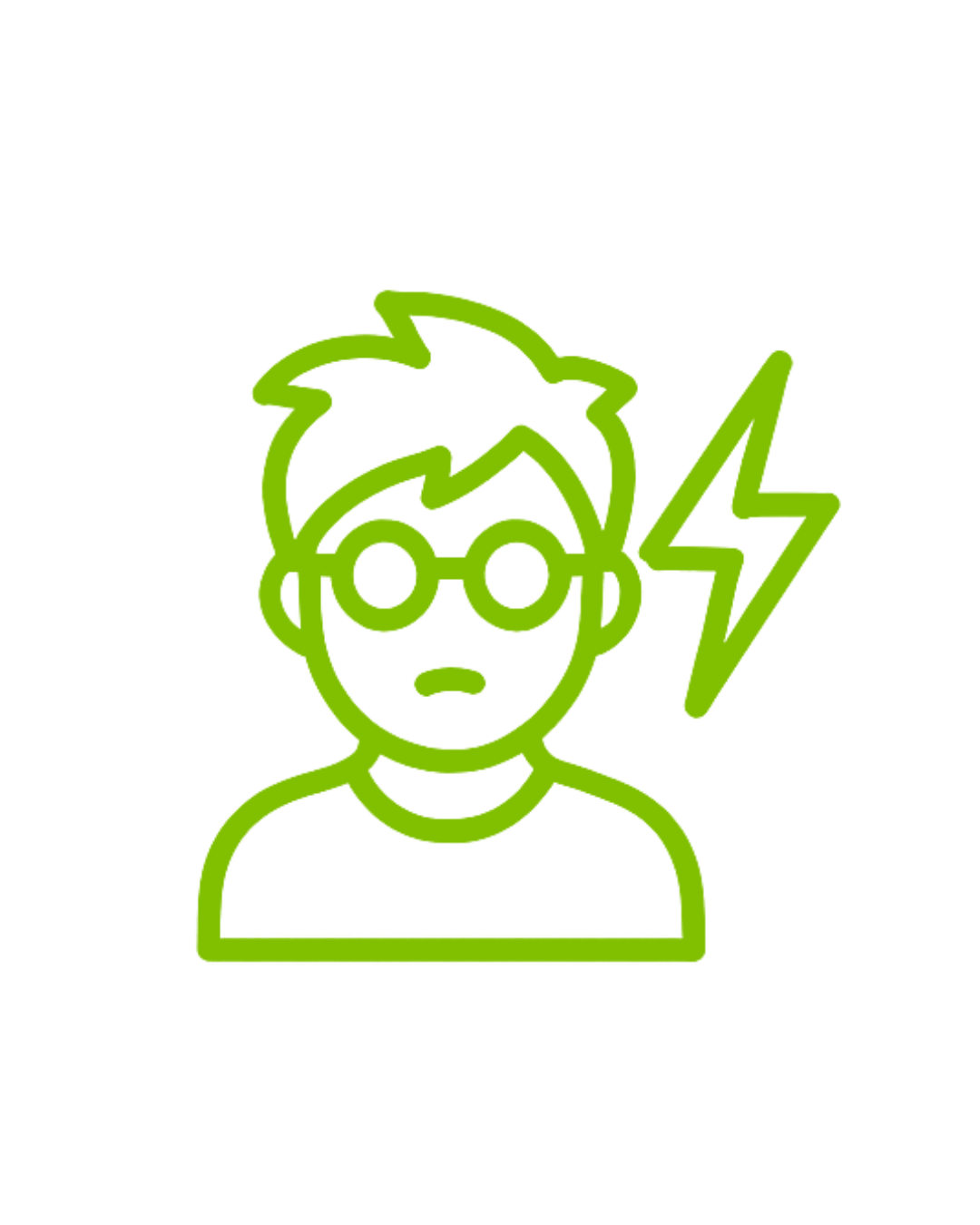 Illustration of a person with glasses, spiky hair, and a lightning bolt on the side of their head, depicted in green outline on a black background.