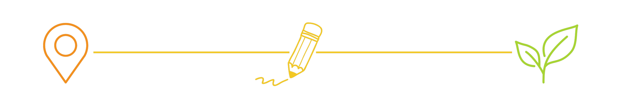 A creative timeline with a location pin, a pencil sketching, and a green leaf, symbolizing a journey from start to growth.