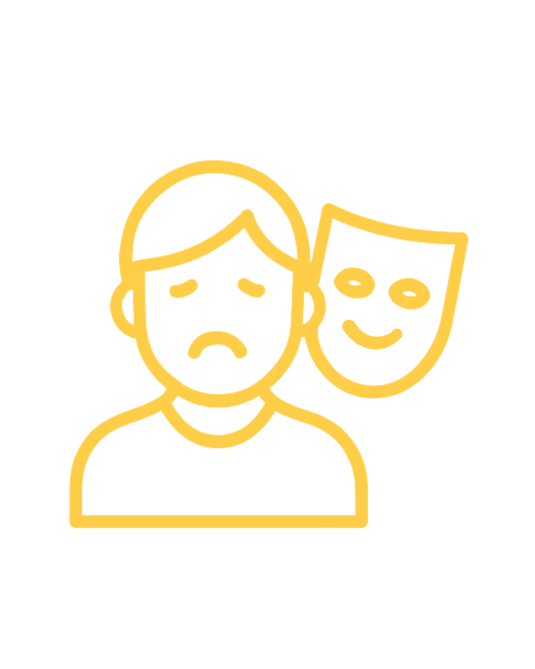 Line drawing of a sad woman with a smiling clown face behind her.