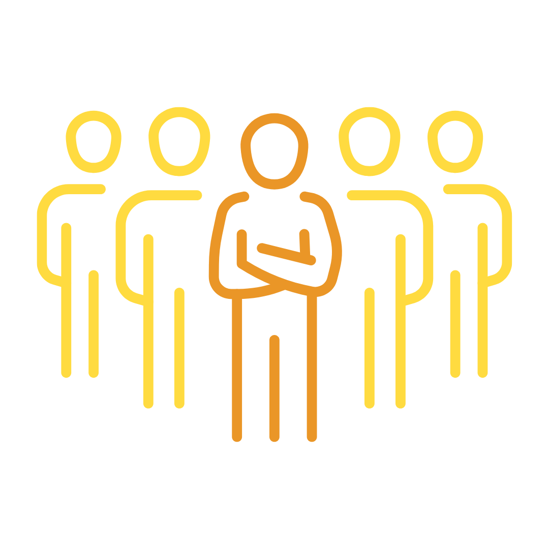 Simple digital line drawing of a leader standing in front of a group of four team members, with the leader crossing arms, illustrating leadership or management.