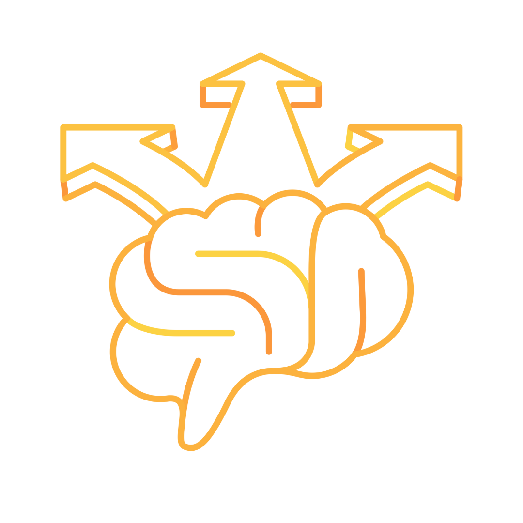 A glowing orange outline of a brain with three arrows pointing outward from it, representing ideas or thinking.