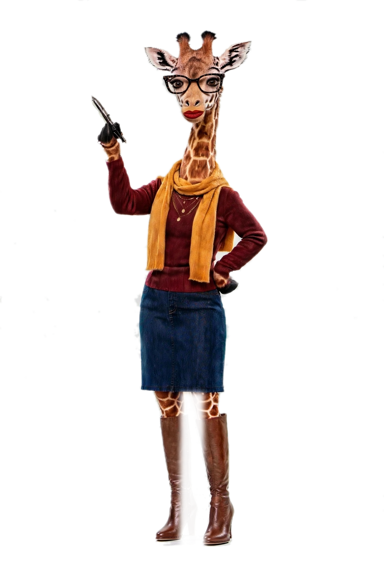 An anthropomorphic giraffe dressed in a burgundy sweater, denim skirt, and tall brown boots, holding a pen, wearing glasses, lipstick, and jewelry.