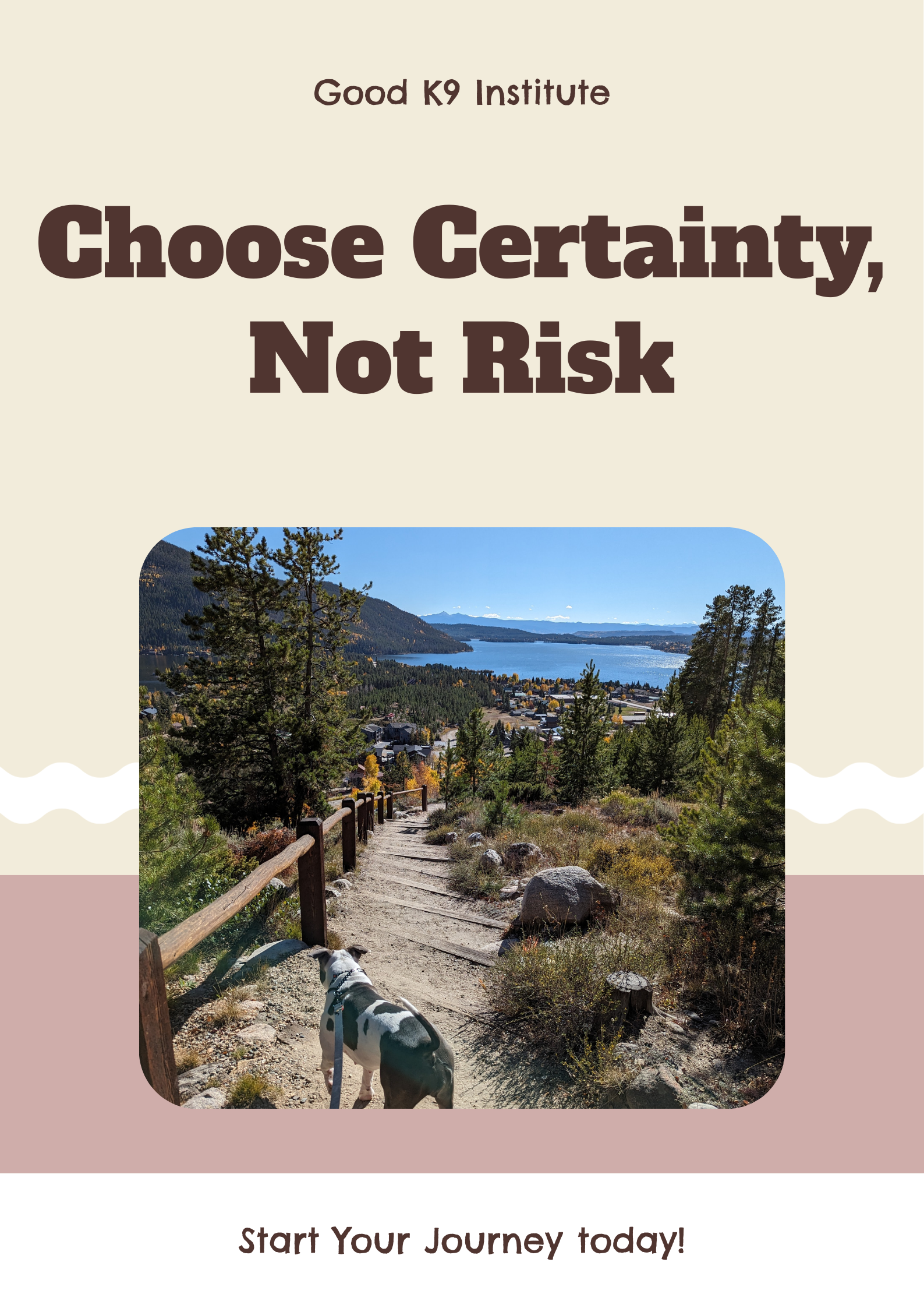 A trail with a dog overlooking a lake and mountains, with a motivational message from a dog training institute.