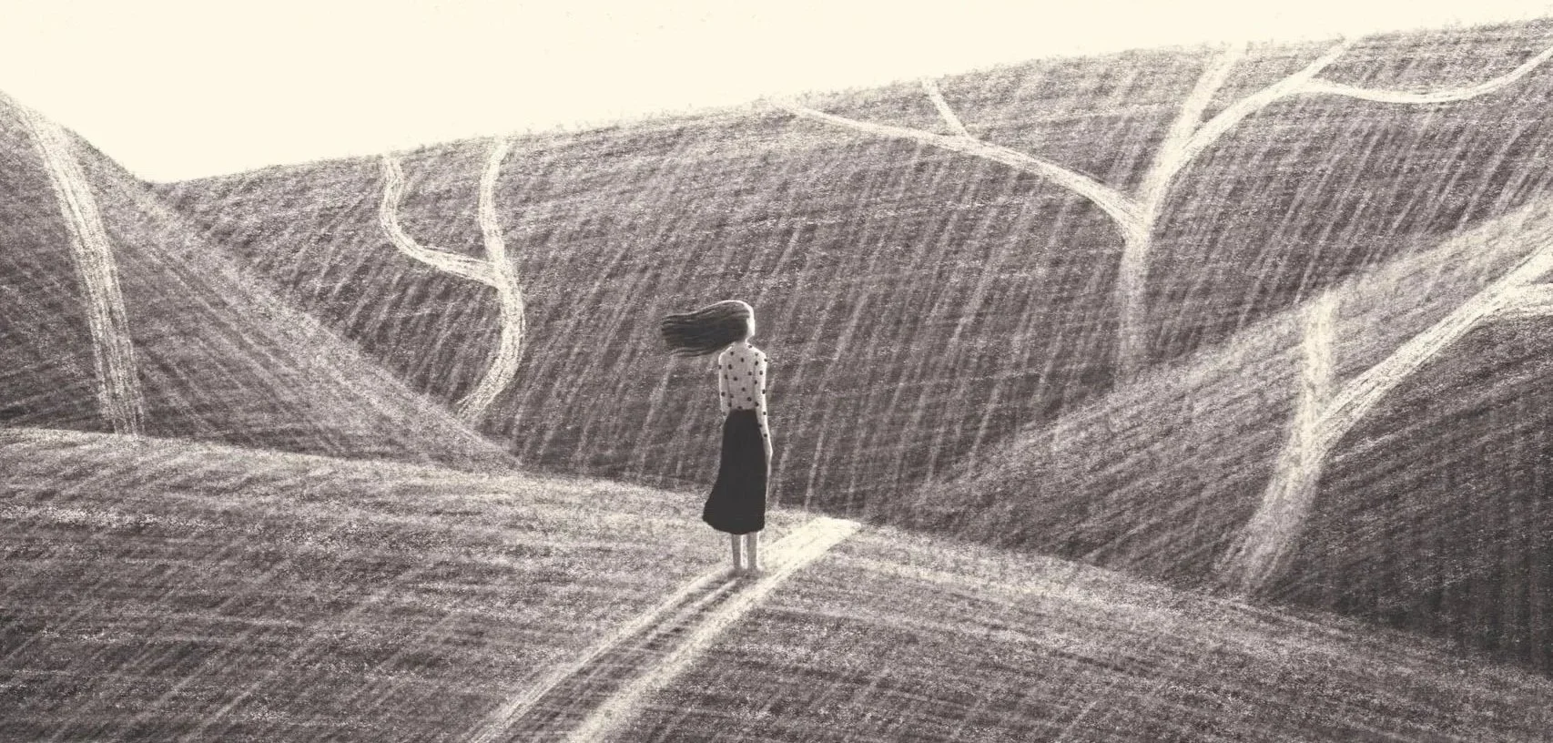 An evocative sketch of a woman pausing in a wide, wind-swept valley. The flowing lines of the hills represent the natural, sometimes turbulent paths we nativate in life, symbolizing a moment of grounding.