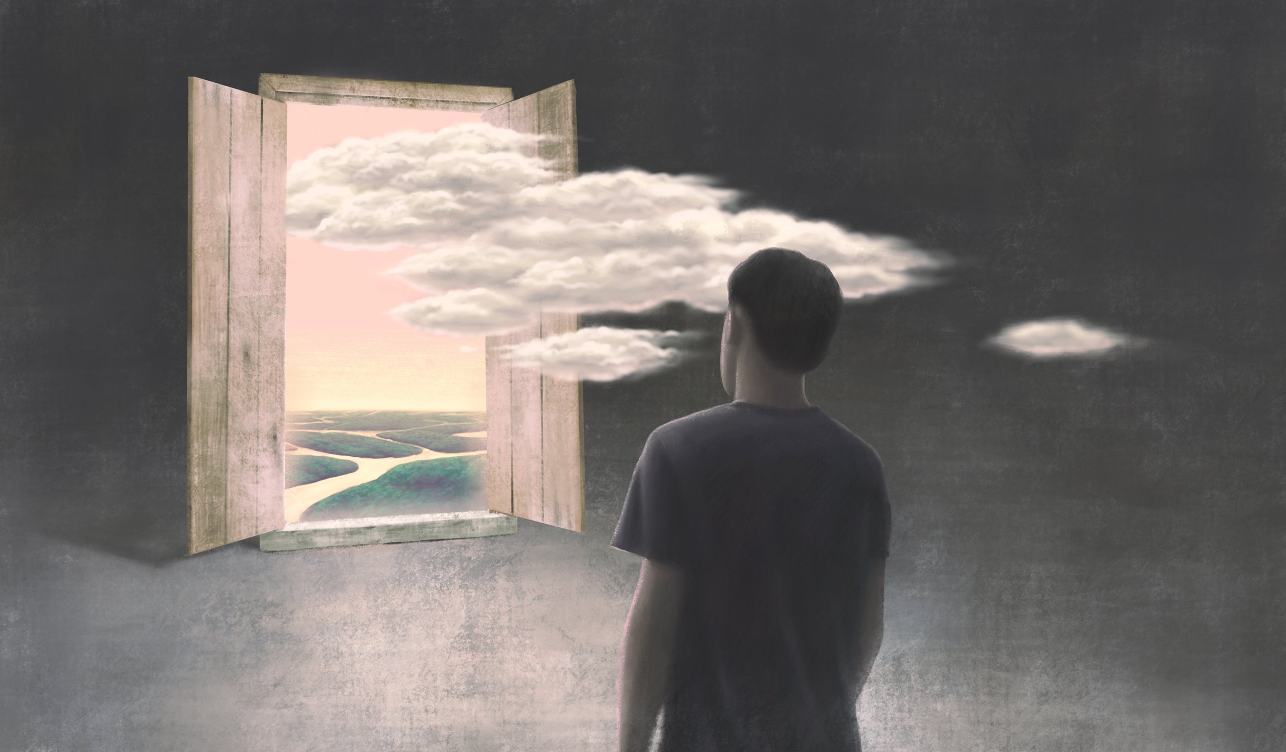 A male figure looking through a doorway towards a beutiful landscape.