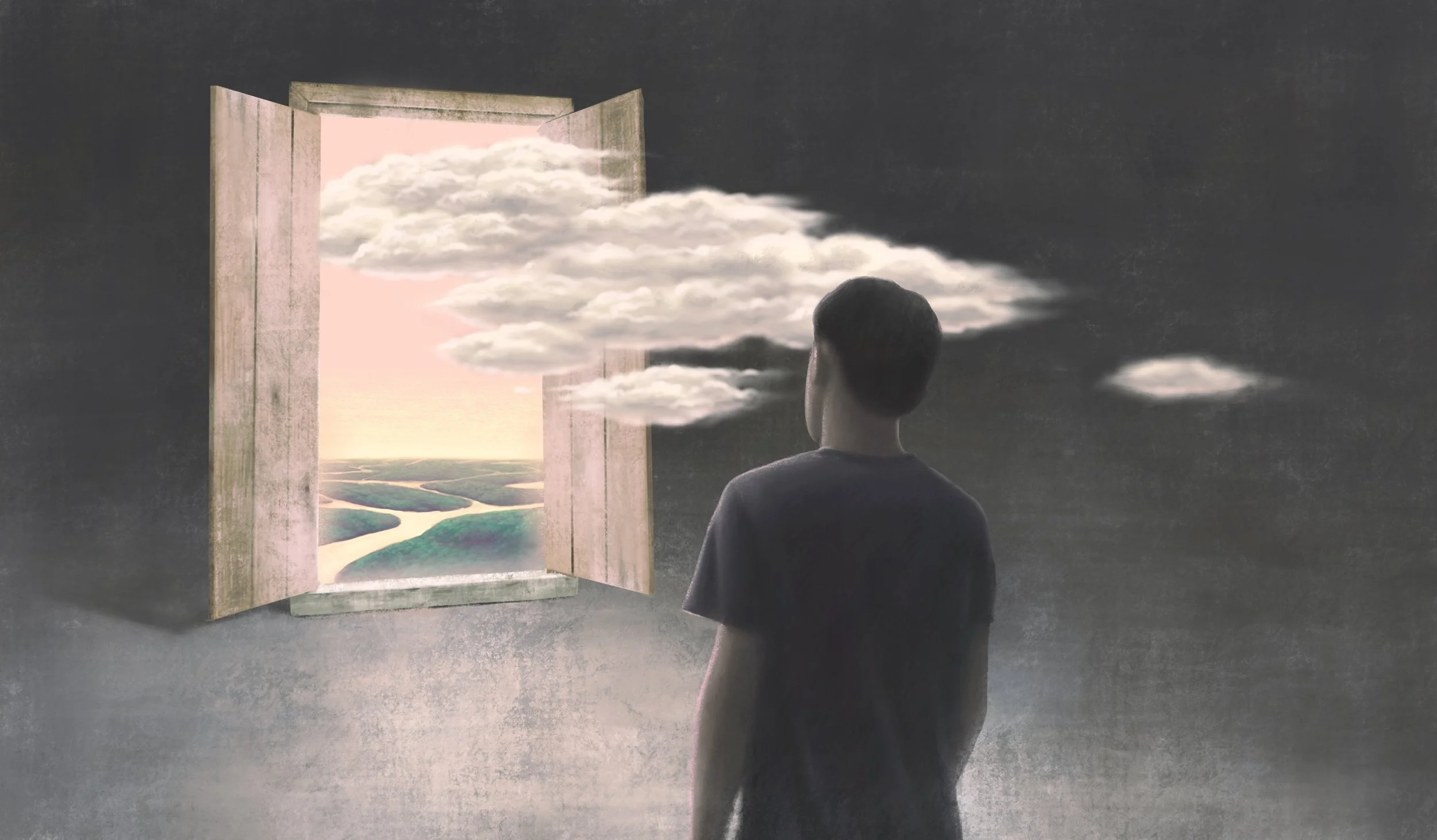 Surreal illustration of a doorway opening up to a calm, green landscape, representing the therapeutic journey—Throughline Counselling in Bendigo.