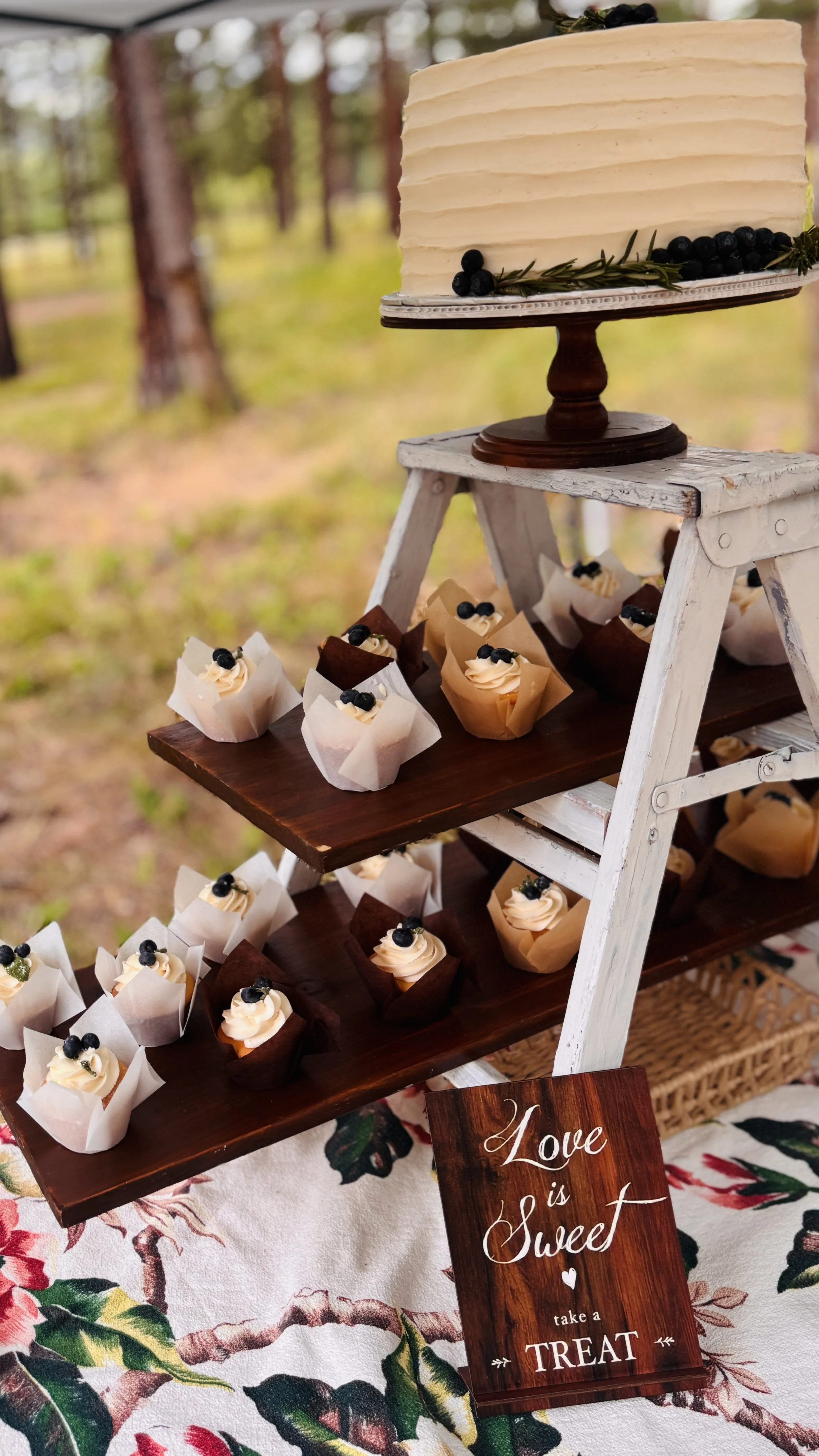 Tiered dessert stand with cupcakes topped with white frosting and blueberries, set outdoors with a wooden tablecloth and a wooden sign reading "Love is Sweet, take a TREAT."