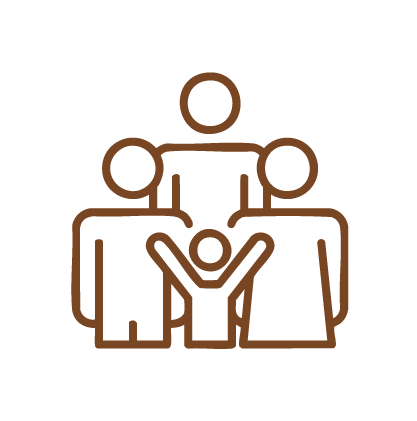 Outline of four people, one child with arms raised, standing together.