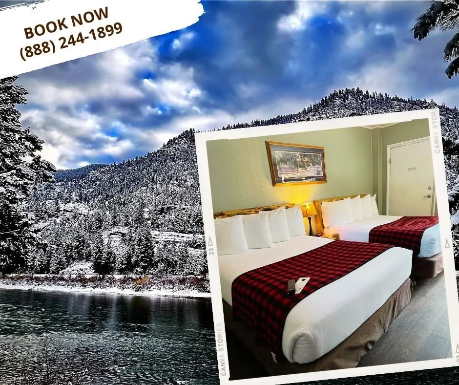 Composite image showing a snowy mountain landscape with trees and a river, overlaid with an interior photo of a hotel room containing two beds with checkered red and black bedspreads, pillows, a lamp, and a painting on the wall.