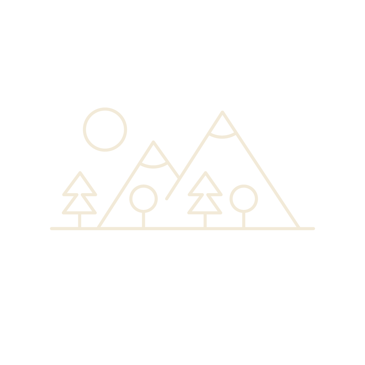 Line art illustration of mountains, trees, and the sun on a black background.