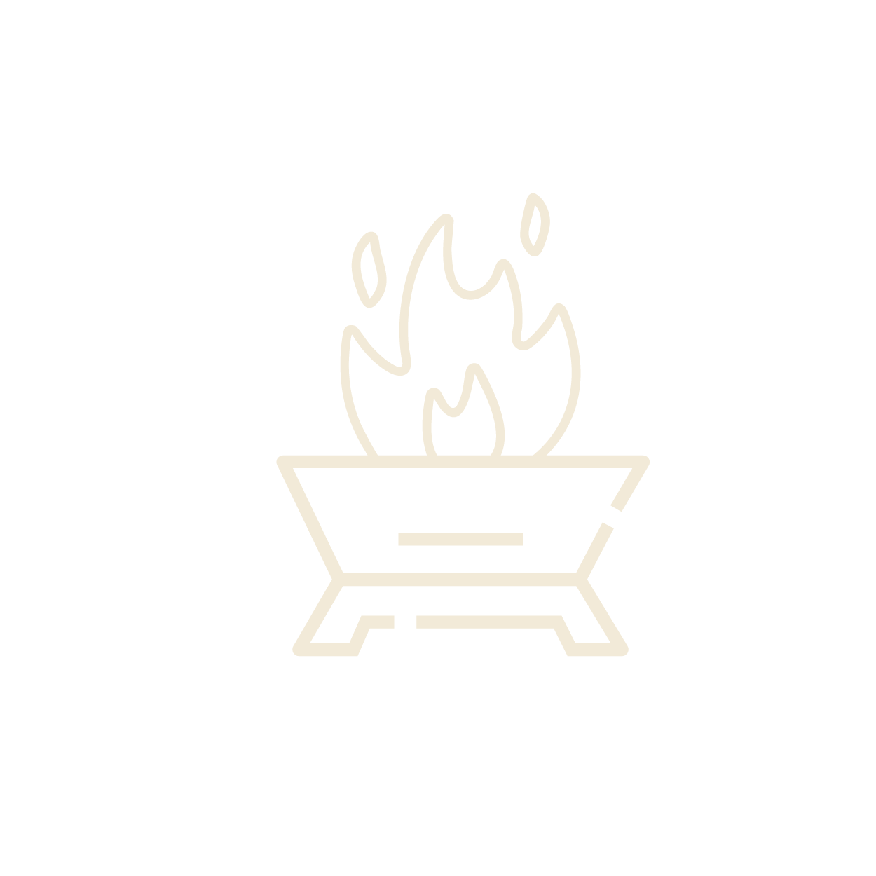 Line art of a campfire with flames rising above a rectangular fire pit on a black background.