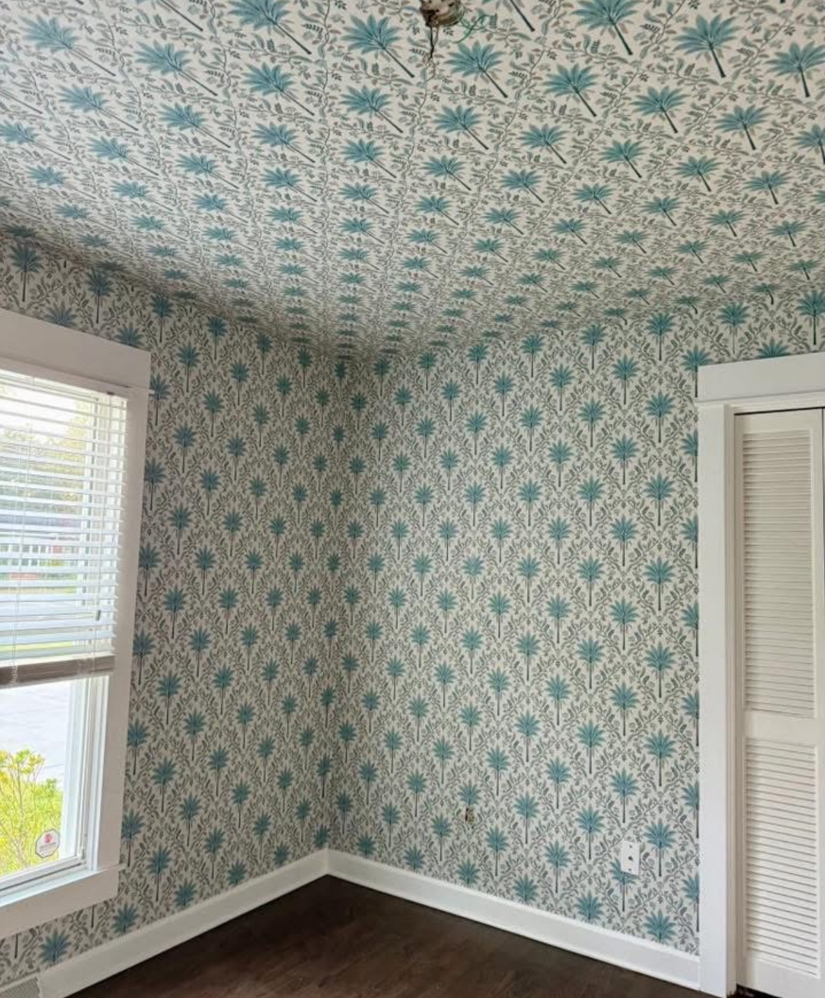 Room with wallpaper featuring blue palm trees and beige background, window with blinds, dark hardwood floor, and white trim around window and closet