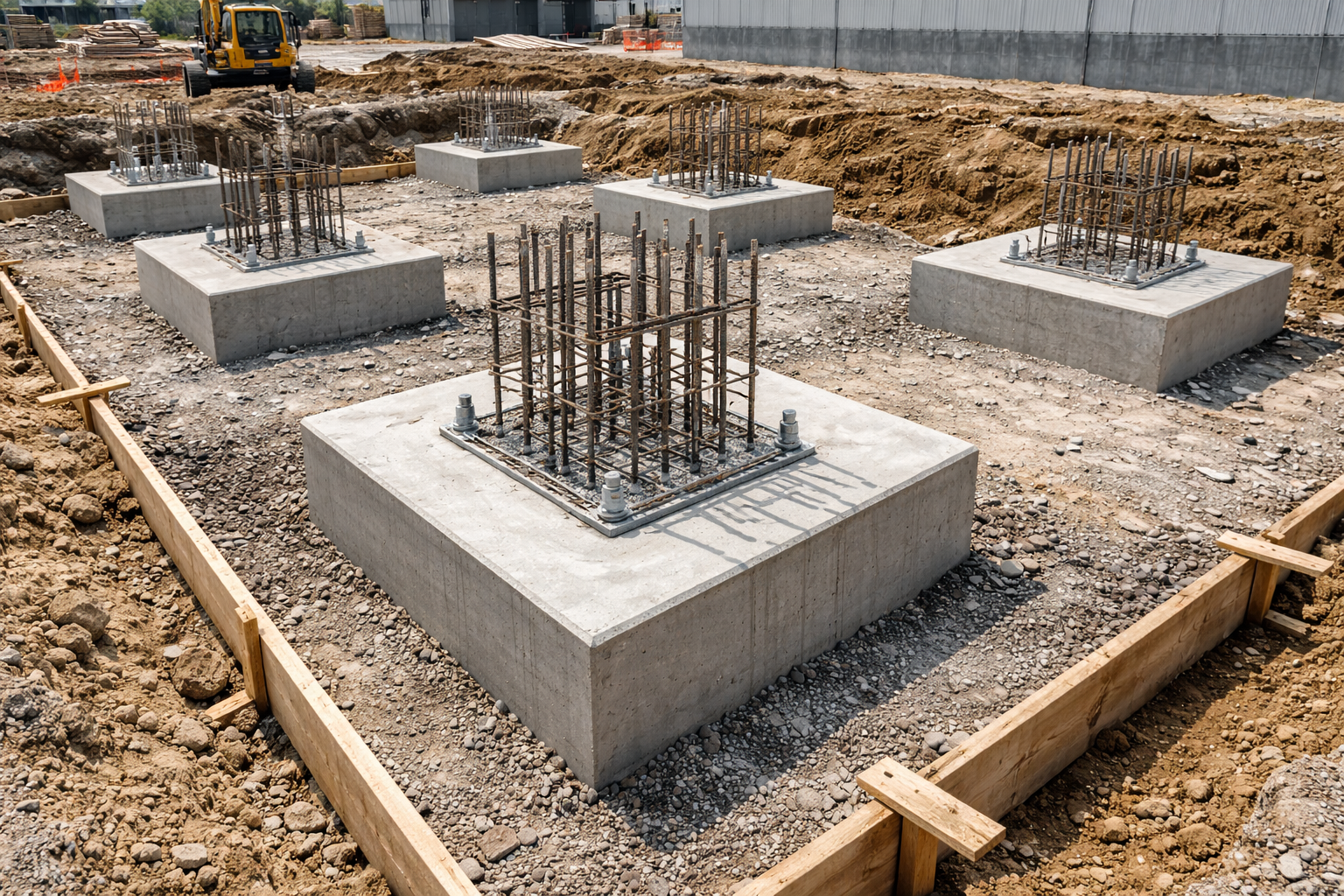 "Concrete footings with steel rebar grids at a construction site, designed for stable foundations of buildings and structures."