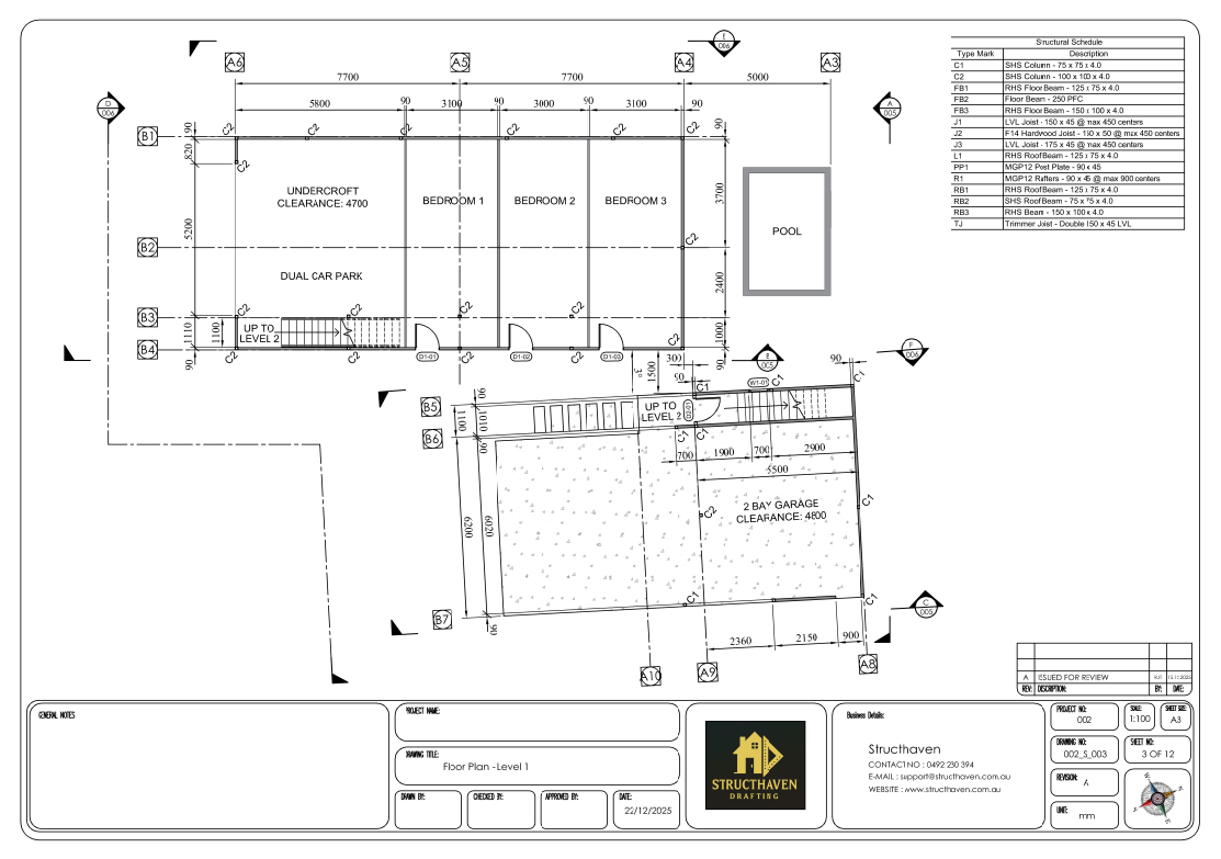 Residential floor plan design for a double-story home with a main dwelling and 1-bedroom unit at the back.