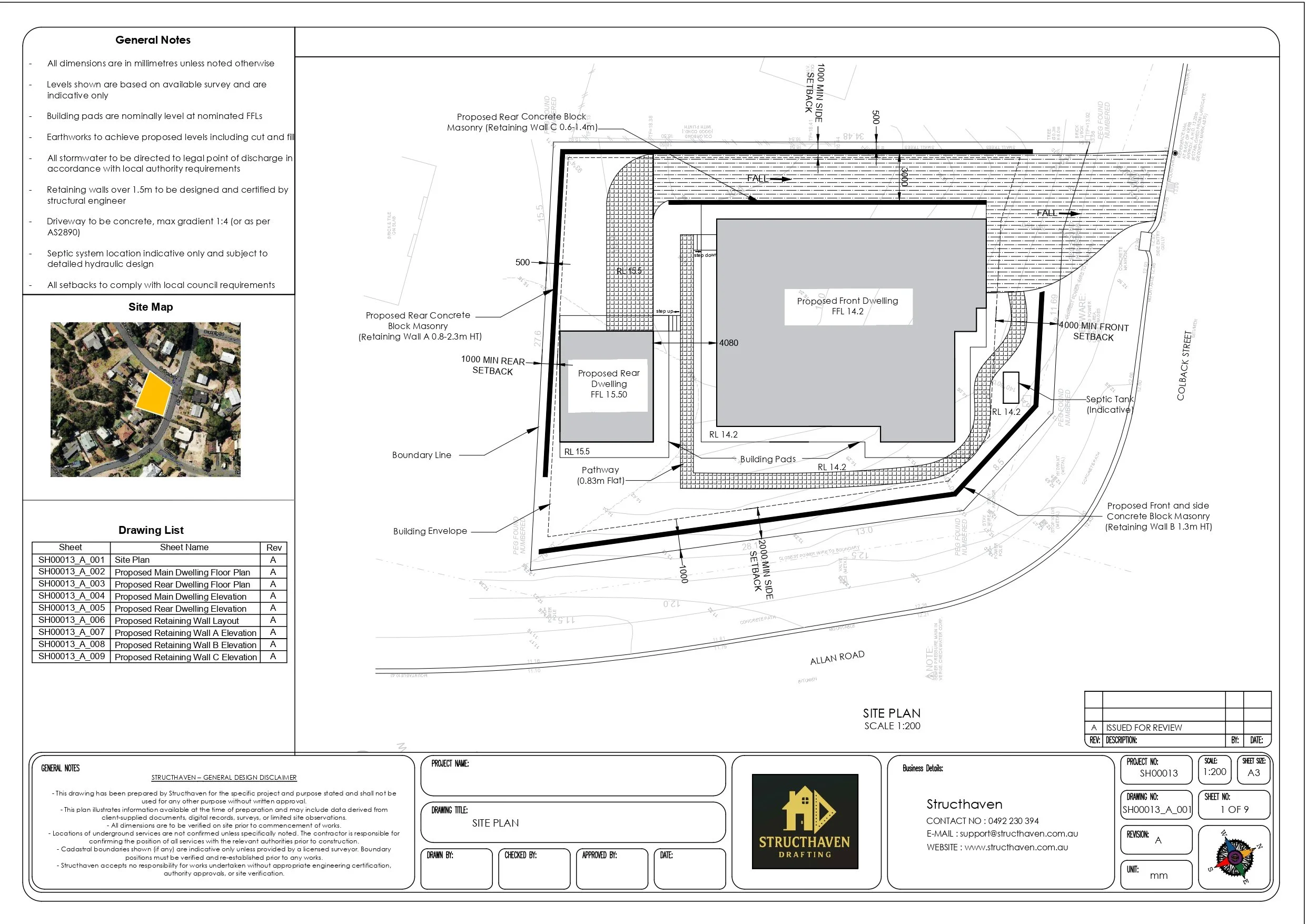 Dual dwelling site plan design in Binningup WA showing building layout, retaining wall strategy, split levels, driveway access, and boundary setbacks on a sloping residential block.