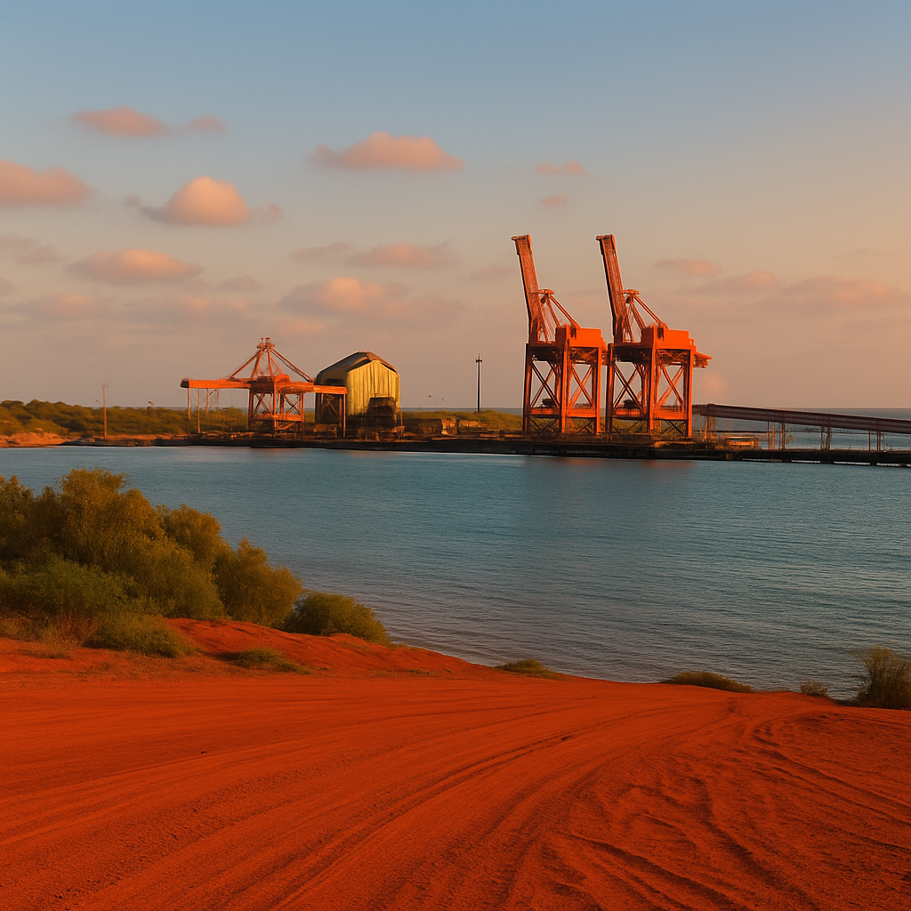 “Nhulunbuy NT coastal industrial port with red earth, ocean water and heavy export cranes in remote mining region.”