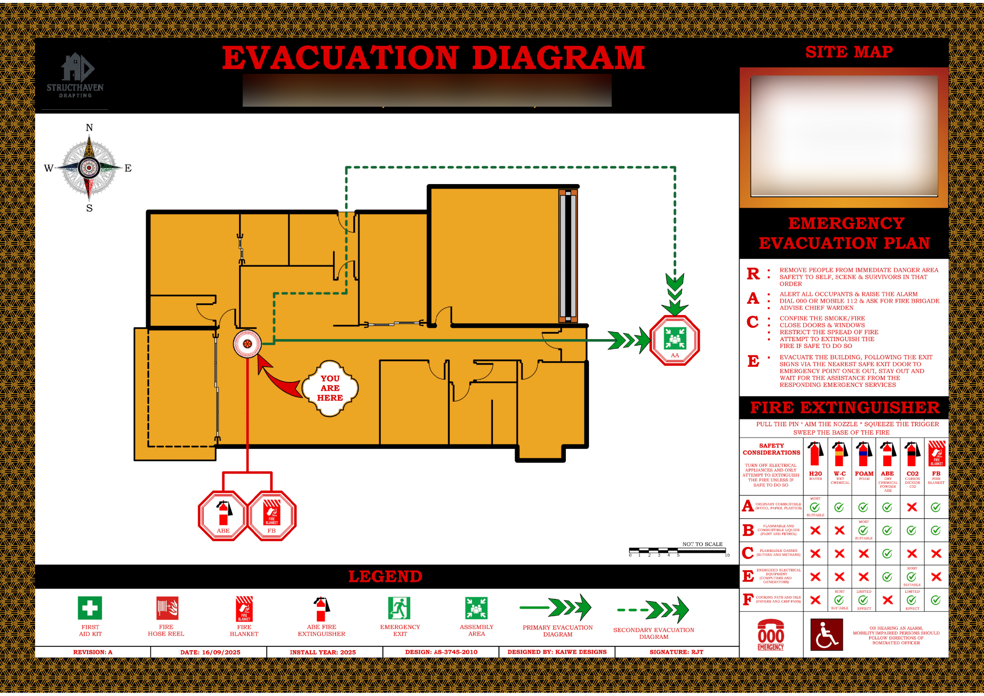 Structhaven residential multi‑unit evacuation diagram – detailed floor plan marking “You Are Here”, exit paths, fire extinguishers, assembly points and WA building code compliance for apartment complex.